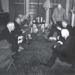 Some of the earliest members of the first Rotary club during a reunion at Paul Harris' home on Longwood Drive in Chicago, Illinois, USA. From left: Montague "Monty" Bear, Silvester Schiele, Bernard E. "Barney" Arntzen, Rufus F. "Rough-House" Chapin, Paul Harris, Harry L. Ruggles, and Robert Fletcher. 8 December 1942.